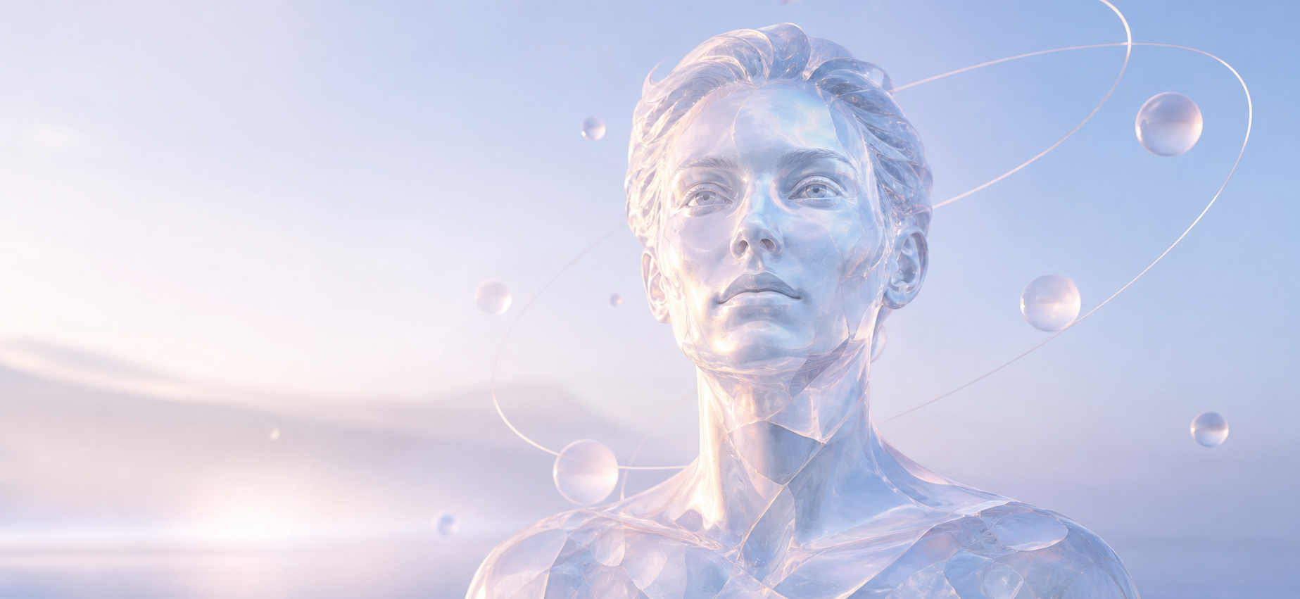 Pearlescent human portrait surrounded by soft orbital lines in a pale blue and lilac space
